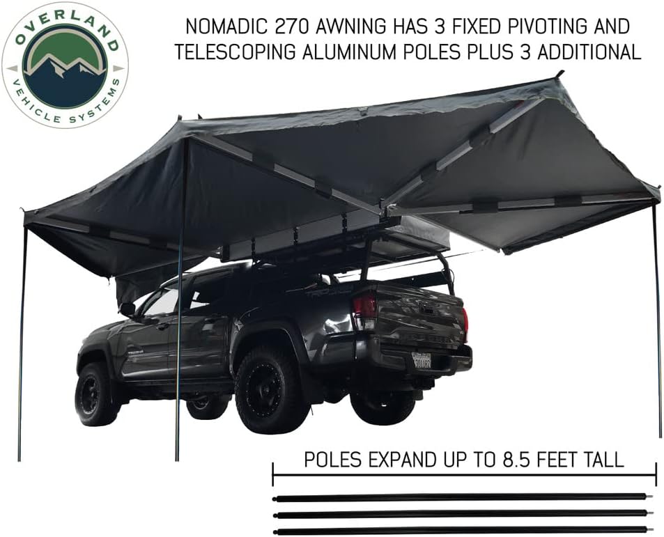 Overland Vehicle Systems HD Nomadic Awning 270 Driver Side - Dark Gray Cover with 1000G PVC Black Travel Cover Universal Fitment - Mounting Brackets Included