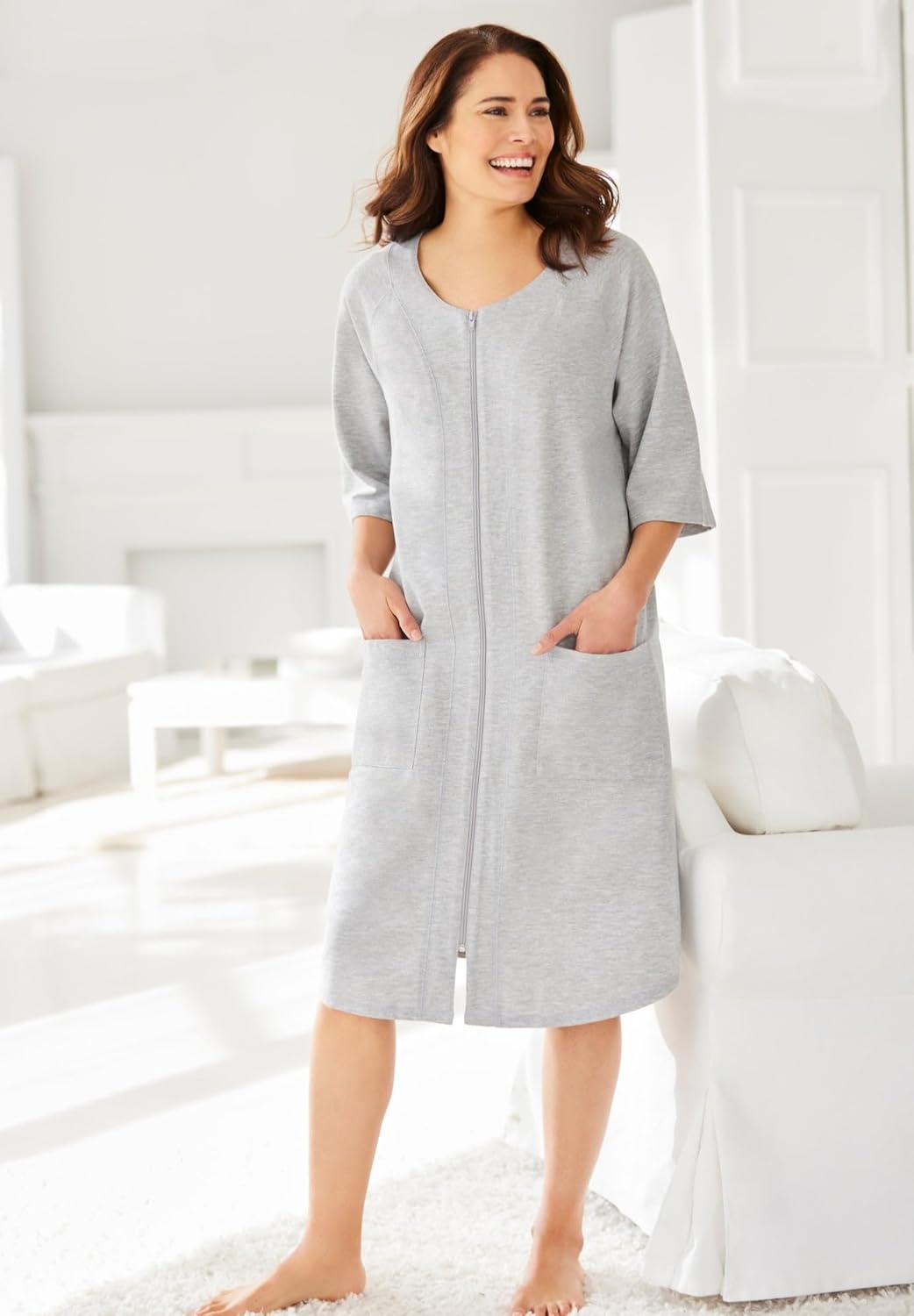 Dreams & Co. Plus Size Short French Terry Zip-Front Robe