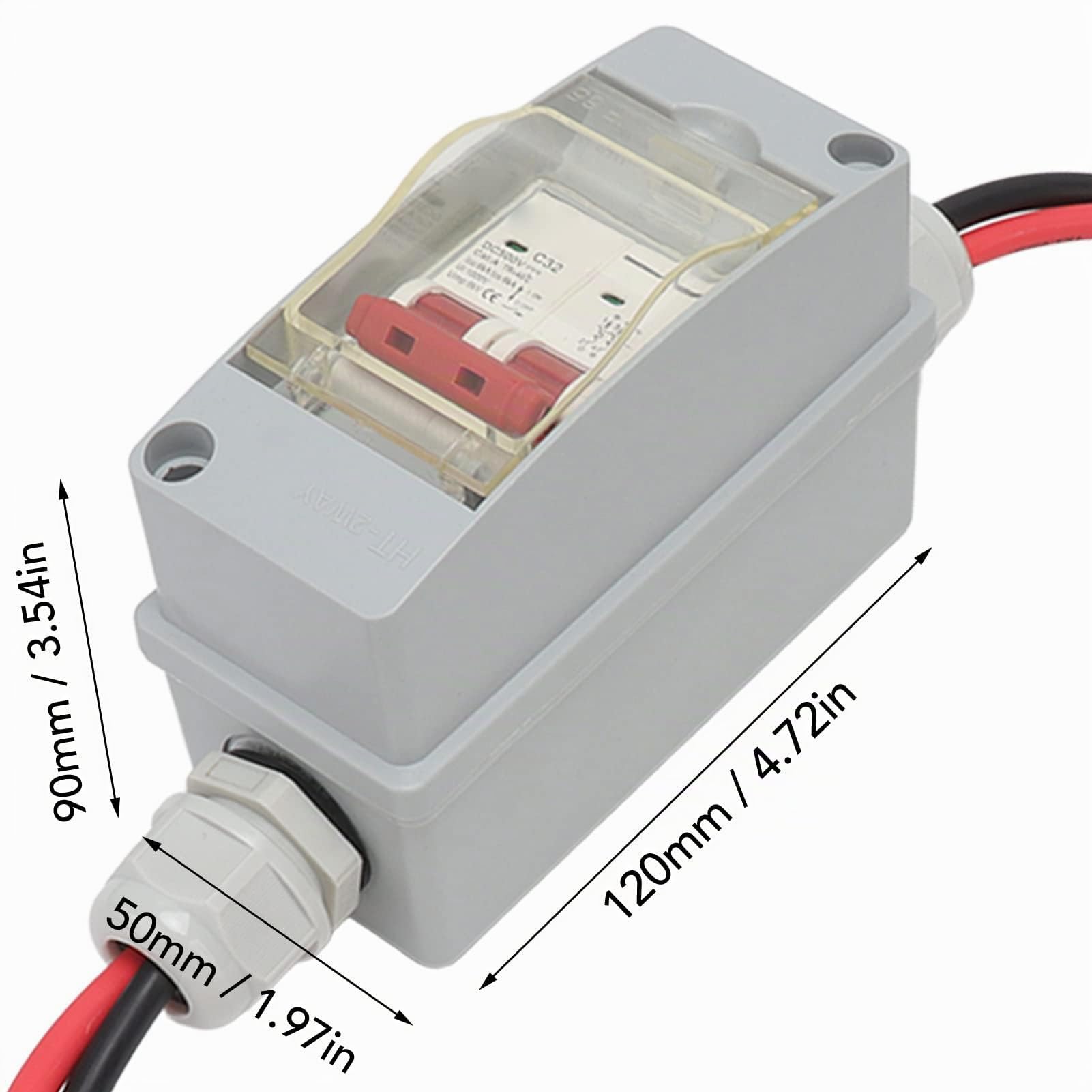 Disyuntor en Miniatura, MCB 2P DC 500V 32A DC Interruptor de Desconexión Aislador de Fotovoltaico Solar con Caja de Distribución IP65 para de Red de Paneles Solares (Con cable y