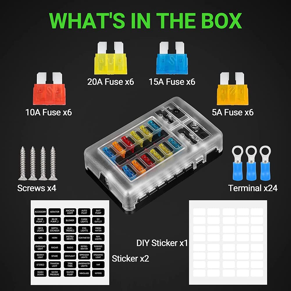 beiyaiey 12V Fuse Block 12 Circuit Fuse Box Kit,with LED Indicator with ...