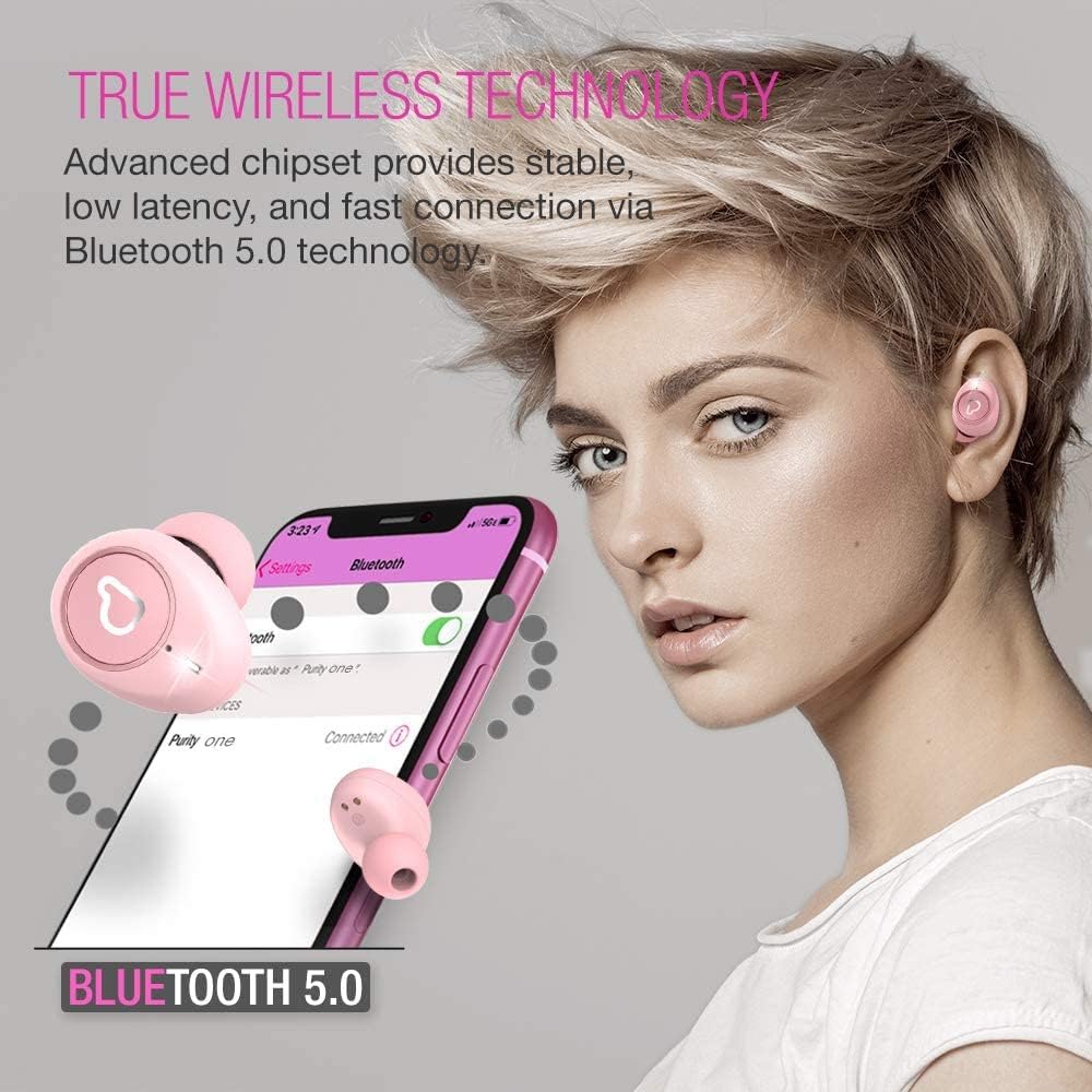 Purity True Wireless Earbuds with Immersive Sound, Bluetooth 5.0 Earphones in-Ear with Charging Case Stereo Calls/Built-in Microphones/IPX5 Sweatproof/Pumping Bass for Sports, Workout, Gym - Pink