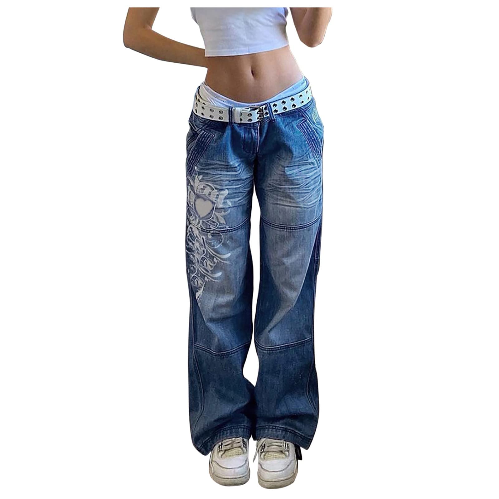 DGZTWLL - Pantaloni da donna con borchie, a vita bassa, stile anni '90, con stampa, gamba dritta, svasati, streetwear