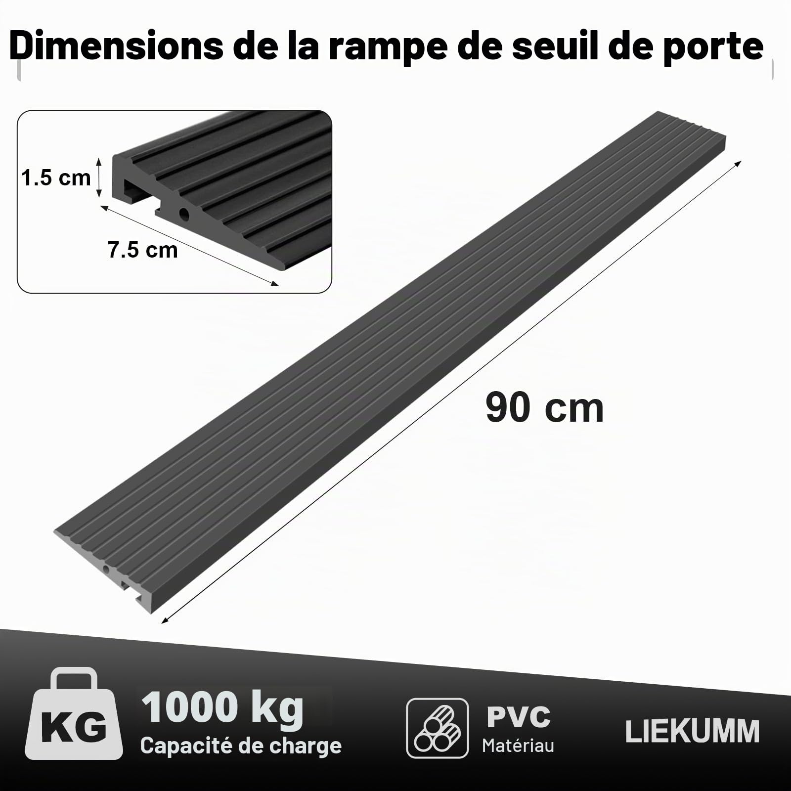 LIEKUMM Rampe Fauteuil Roulant, Hauteur 1,5 cm Coupeable PVC Rampe de seuil | Capacité 1000 kg Rampe de Seuil Autocollante, Antidérapant, Utilisable en Intérieur Extérieur, Pour Couloirs, Salles de Bain