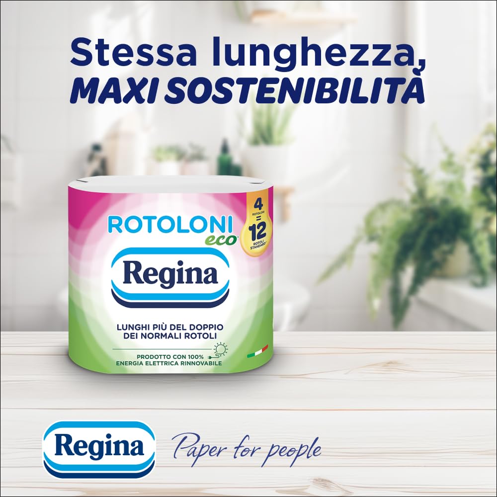 Regina Rotoloni Eco, 56 Maxi Rotoli di Carta Igienica a 2 Veli | 500 Fogli, Lunghi Più del Doppio dei Normali Rotoli, Confezione in Carta Riciclabile, Carta 100% Certificata FSC