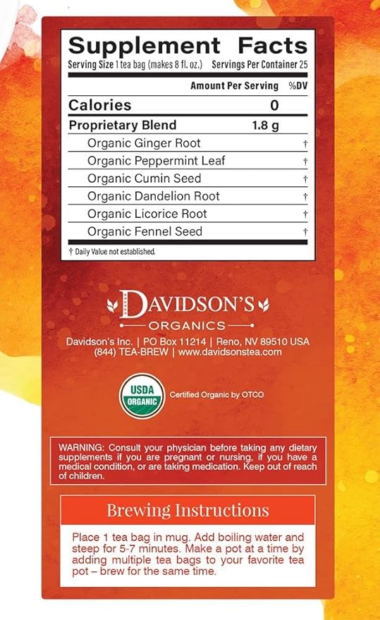Davidson's Organics is a company known for producing high-quality organic teas and herbal infusions. One of their product lines, Ayurvedic Infusions, combines traditional Ayurvedic herbs and spices with premium tea leaves to create unique and beneficial blends. The Digest tea, in particular, is formulated to support healthy digestion and promote overall wellness.