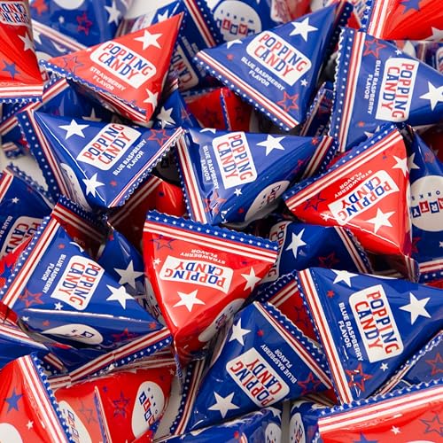 PartyWorks Patriotic Candy - 40 Count Bag - Popping Rocks Pouches - 4th of July Candies - Strawberry, Blue Raspberry Flavors - Individually Wrapped Triangles