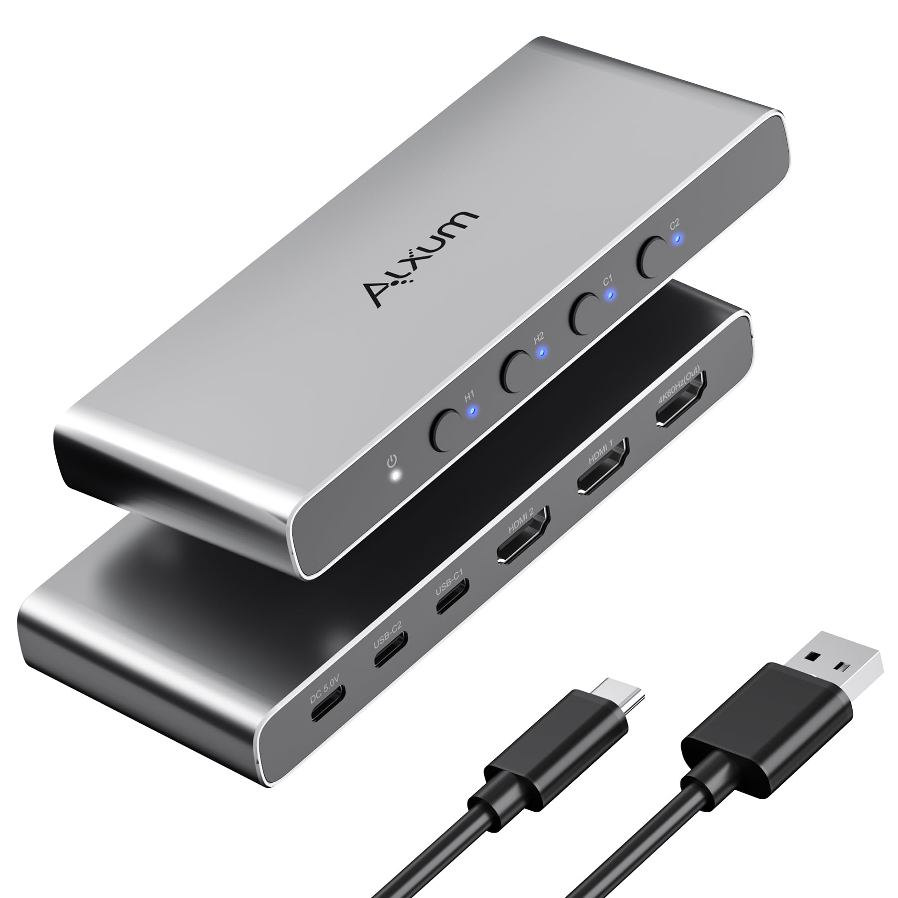 Alxum Switch KVM para 2 PC y 2 monitores, 2 entradas DP y 2 salidas HDMI | 4 USB 3.0, 4K@60Hz, compatible con teclado, ratón, audio, almacenamiento, incluye 2 cables USB-B y fuente de alimentación