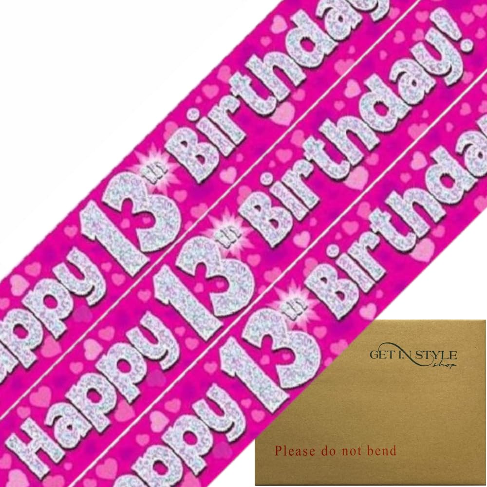 9ft Holographic Banner Happy 13th Birthday Pink (274cm)