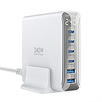 240W Caricatore USB C 6 porte, Caricabatterie GaN PD3.1 con display LED, Stazione di ricarica rapida da tavolo per MacBook Pro, Air, per iPhone ProPad Pro, Dell XPS, Galaxy, Laptop e altro, Bianco