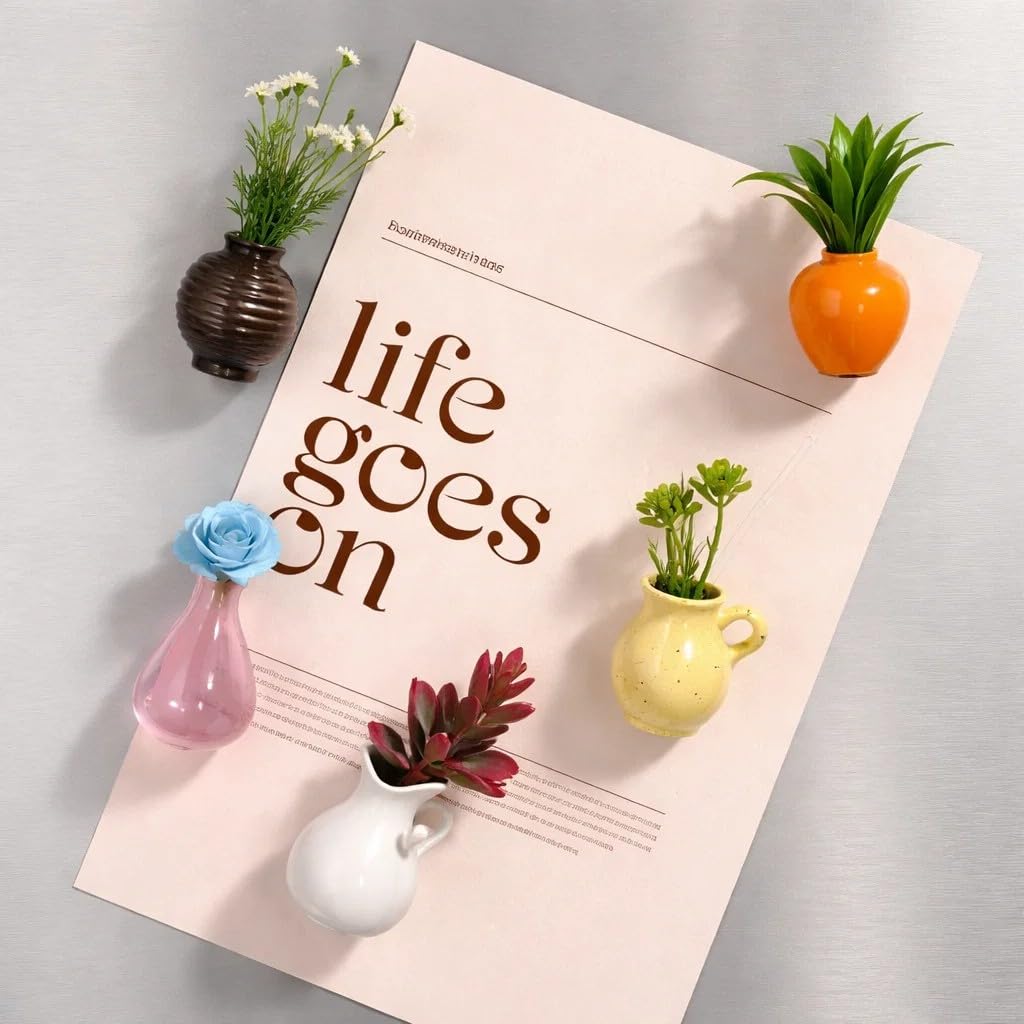 (Flower Included) 8 PCS Mini Magnetic Vase Set | Cute 3D Ceramic Flower Vase Refrigerator Magnets | Small Fridge Magnet Flower Pots for Home Kitchen Office Decoration | Strong Magnetic-image-0
