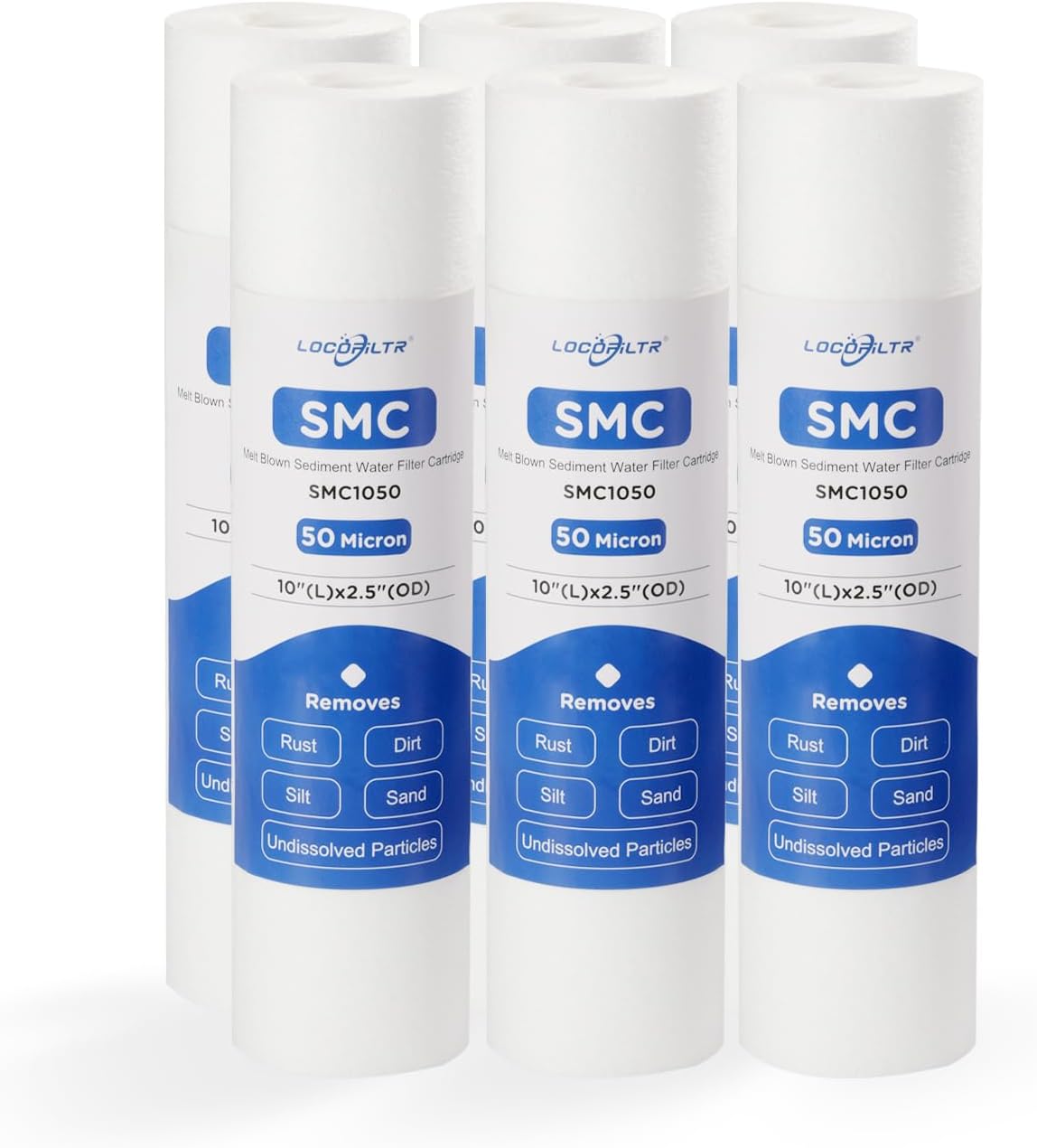 Whole House 50 Micron 10" x 2.5" Spun Polypropylene Sediment Well Water Filter Cartridge Replacement for FXUSC, SDC-25-1050, PD-50-934, SP-P50, SDF-25-1050, WPD-50, FPMB50-978, PWMB10M50 (Pack of 6)