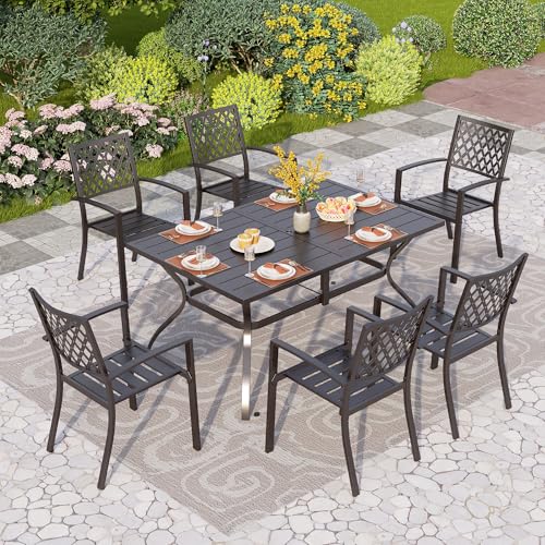 Image of PHI VILLA Patio Dining Set for 6, Stackable Chairs& Rectangular Table | 60 inch Rectangular Metal Table& Stackable Black Wrought Iron Chairs,Large Outside Furniture for Patio,Deck,Backyard,Porch