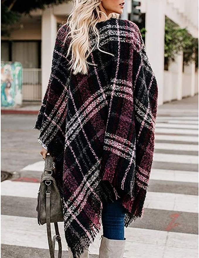 Image of Plaid Shawl Wrap for Women Boho Open Front Poncho Wrap Fall Winter