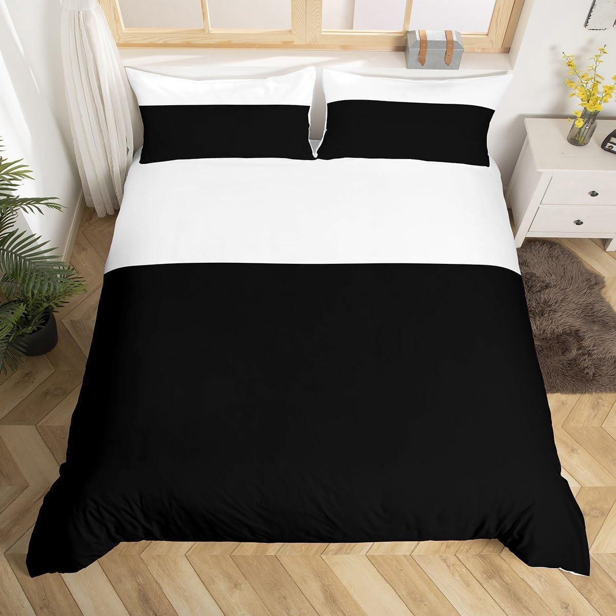 Housse de couette 220x240 noir blanc en microfibre avec 2 taies pour lit double