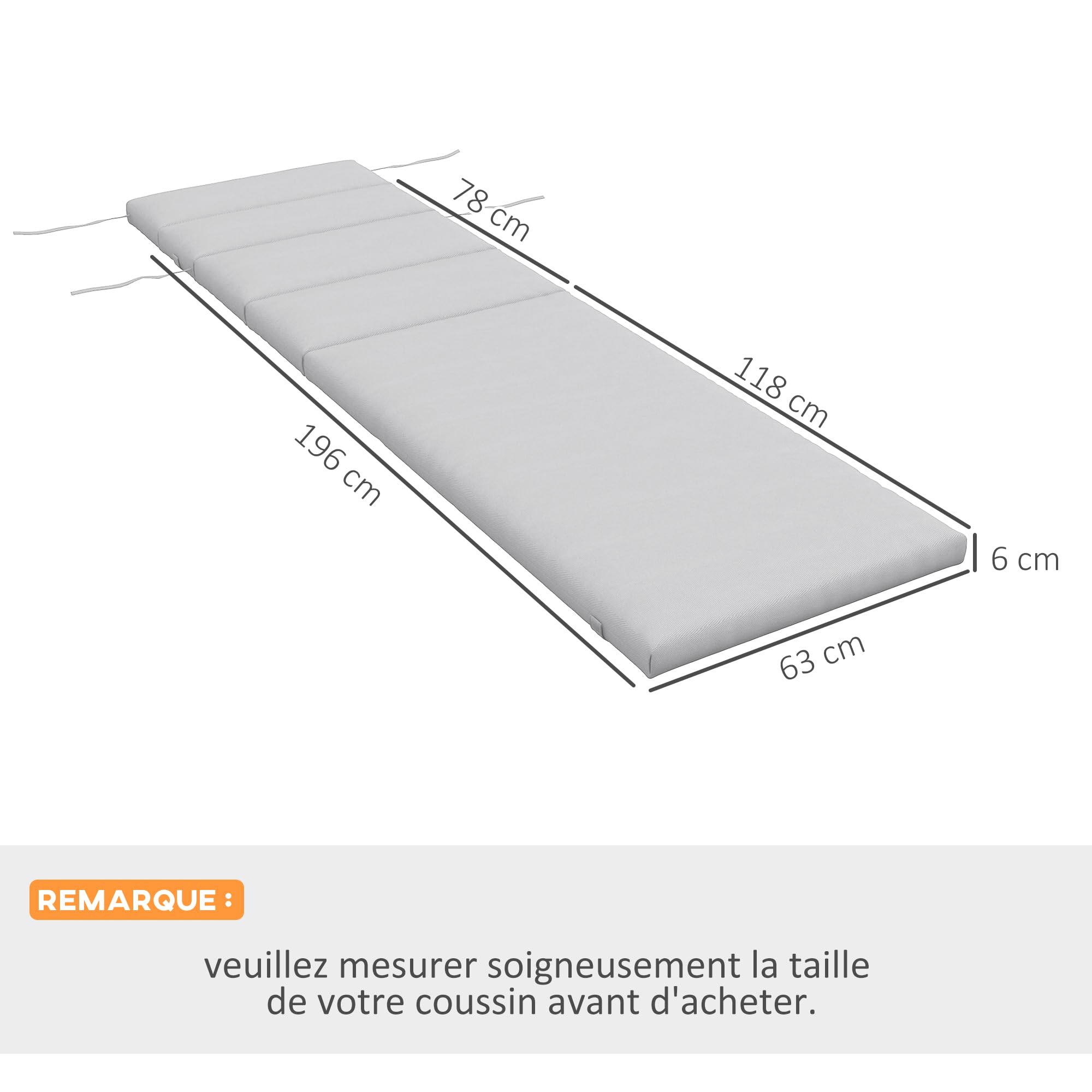 Outsunny Coussin d'Extérieur pour Chaise Longue 196 x 63 cm Gris Clair | Coussin Bain de Soleil Rectangulaire, avec Appui-Tête et Liens, Déperlant