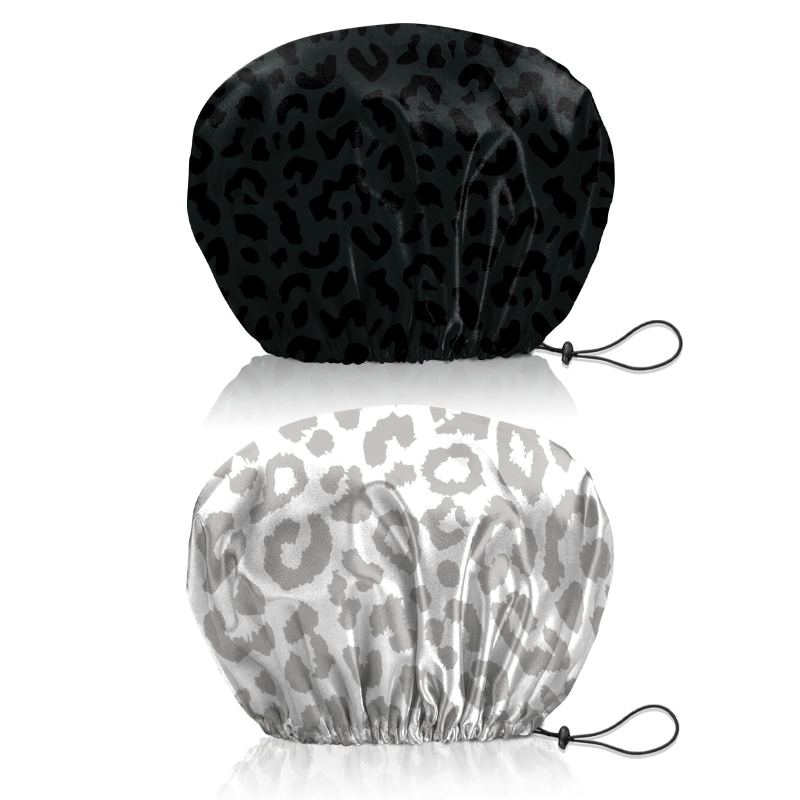 BHAHB 2 PCS Shower Cap Reusable Waterproof Double Layer Elastic Adjustable Hair Bath Caps Cute Aesthetic for Women Girls (V5-Black White Leopard)