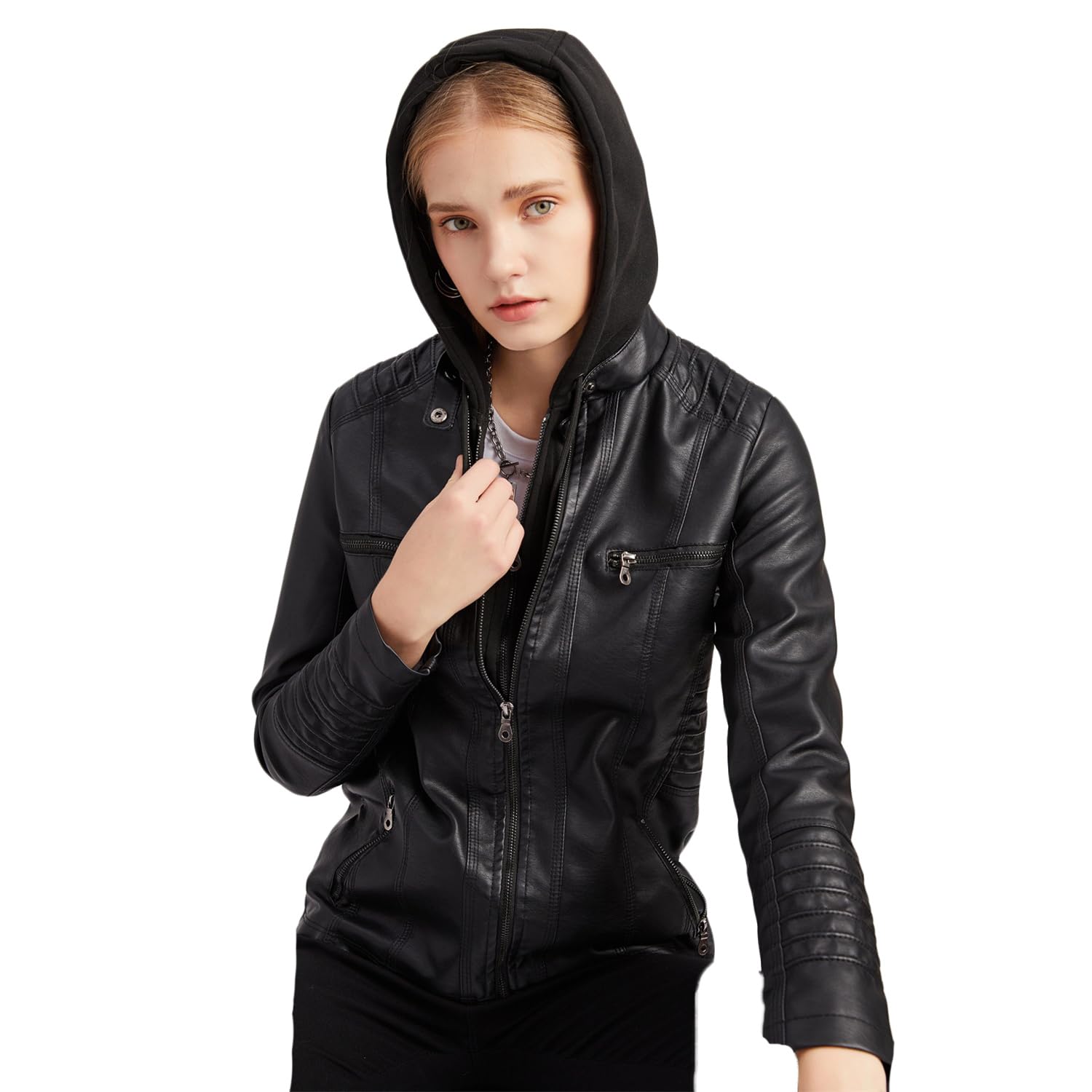 Générique Manteau matelassé entièrement zippé avec capuche amovible pour femmes en similicuir Casual MOTO BIKE jacket