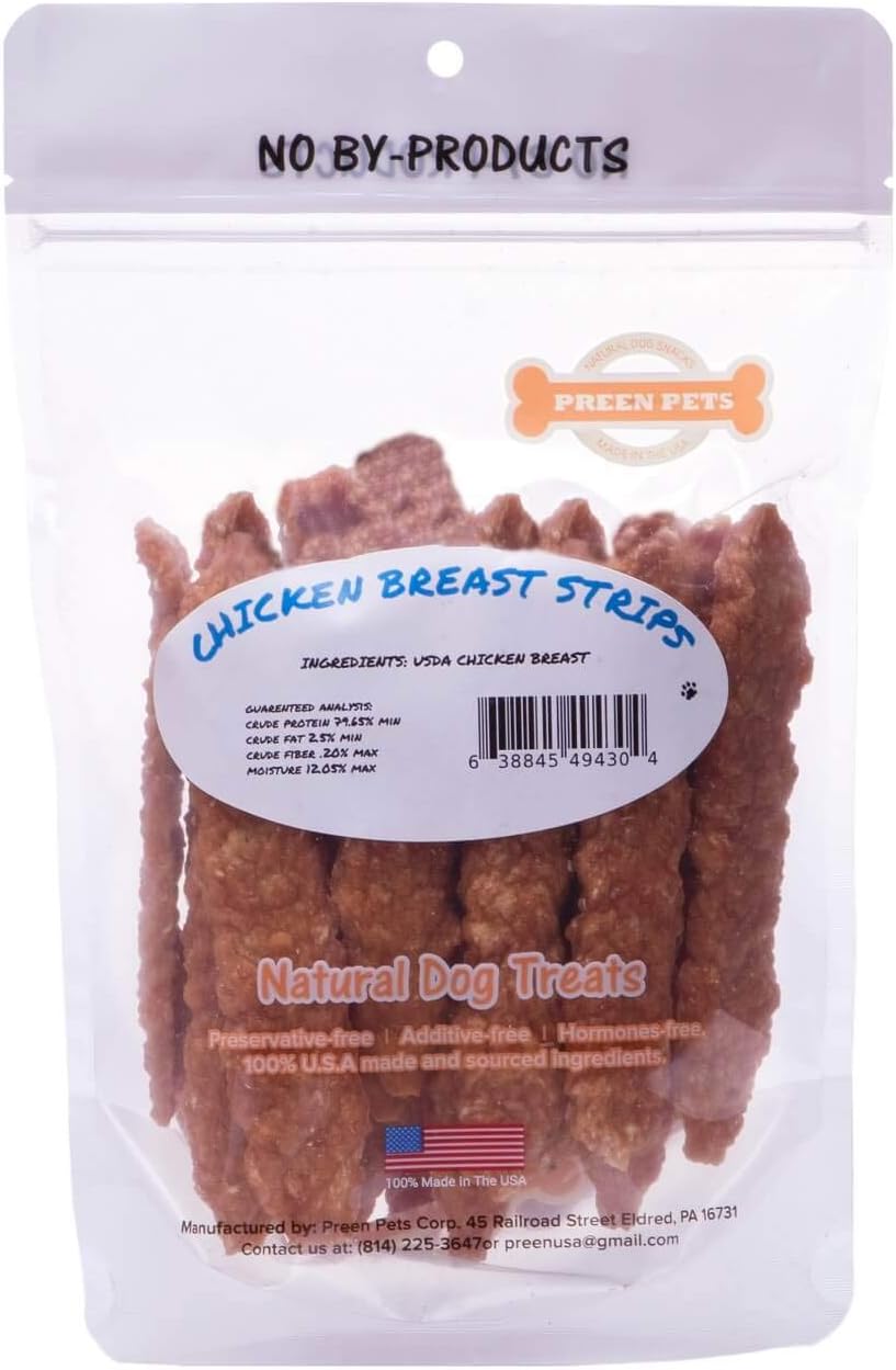 Preen Pets Chicken Breast Strips *Crunchy* Dog Treats – 100% USA Chicken Breast (1 Pound)