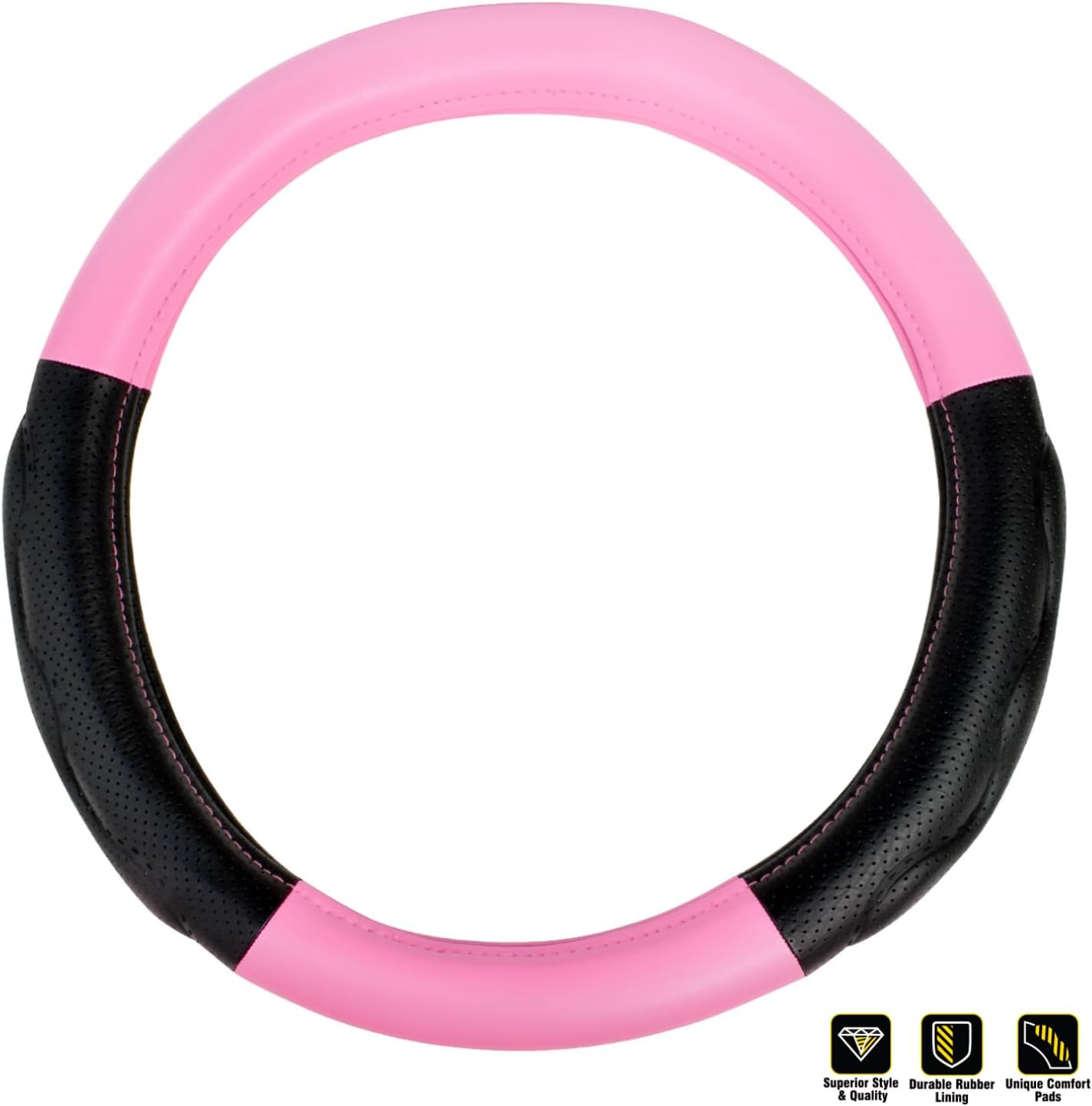 GG Grand General 54070 18 inches Deluxe Plus Steering Wheel Cover Full Pink with Black Comfort Pad