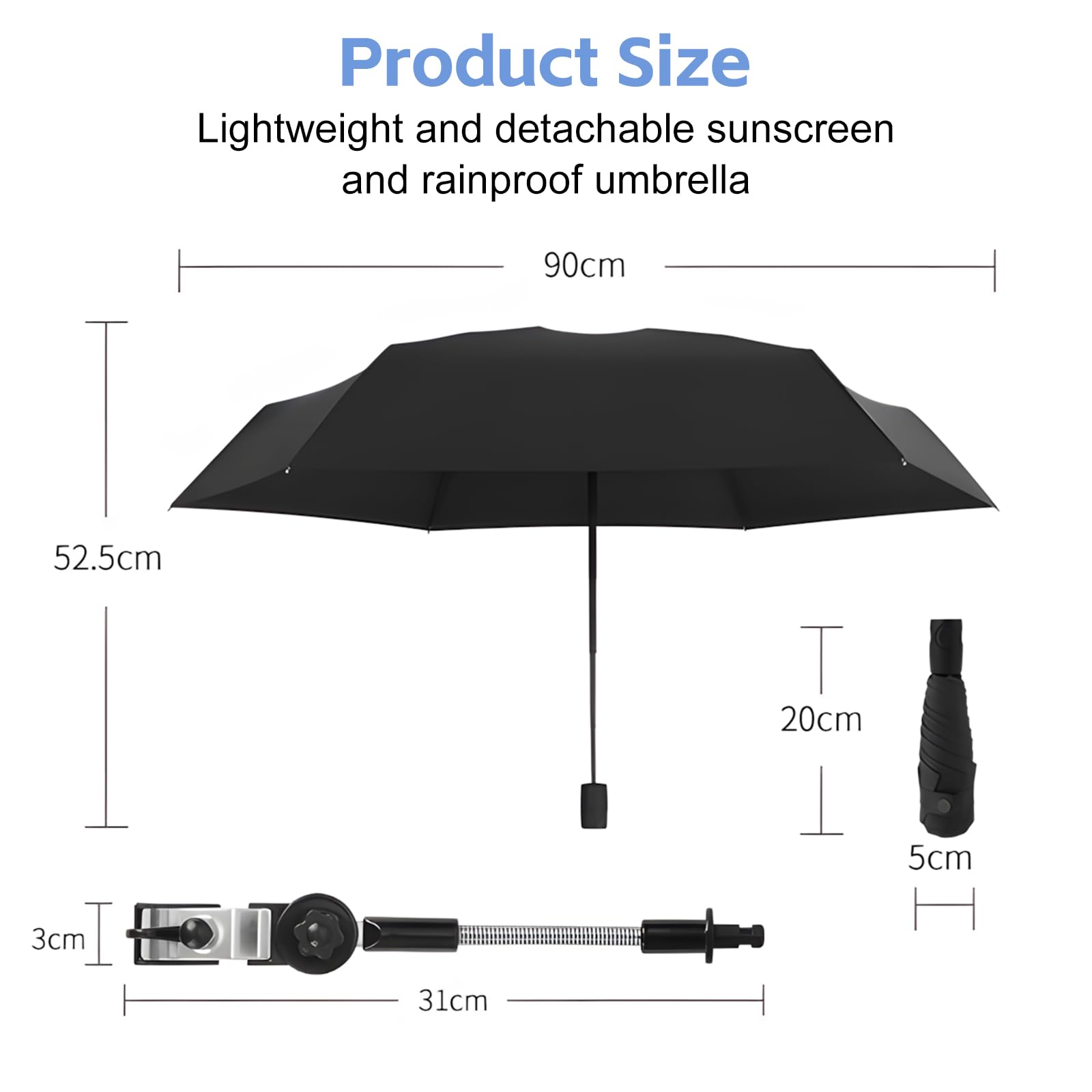 Ombrello Passeggino Universale Ombrello Passeggino Anti UV 50+, Diametro 90cm, Ombrello Passeggino per Carrozzina con Clip Regolabile Una Maniglia, Ombrello Universale per Passeggino