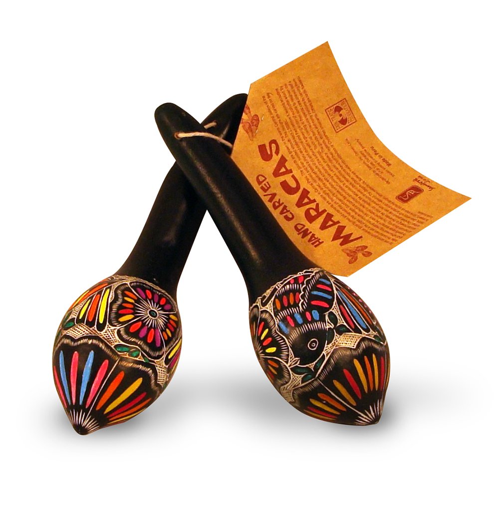 Gourd Maraca Pair Hand Carved Peru Set of Two Fair Trade Classic Multicolored Birds and Flowers *000010