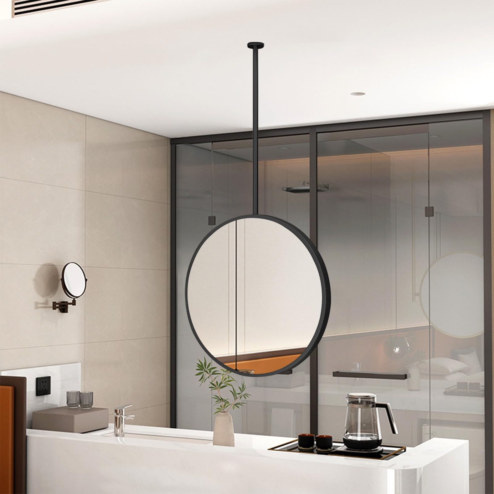 FGXHHS Black Metal Framed Mirror Ceiling Hanging for Vanity Makeup Shaving | Round Wall Mounted Bathroom Simple Floating Living Room Hallway(Diameter-70CM/27.6INCH)