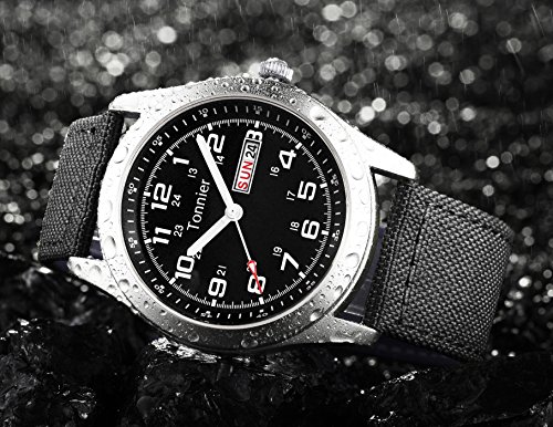Tonnier Men's Weekender&Calendar Analog Black Canvas Strap Mans Watches - Thumbnail 6