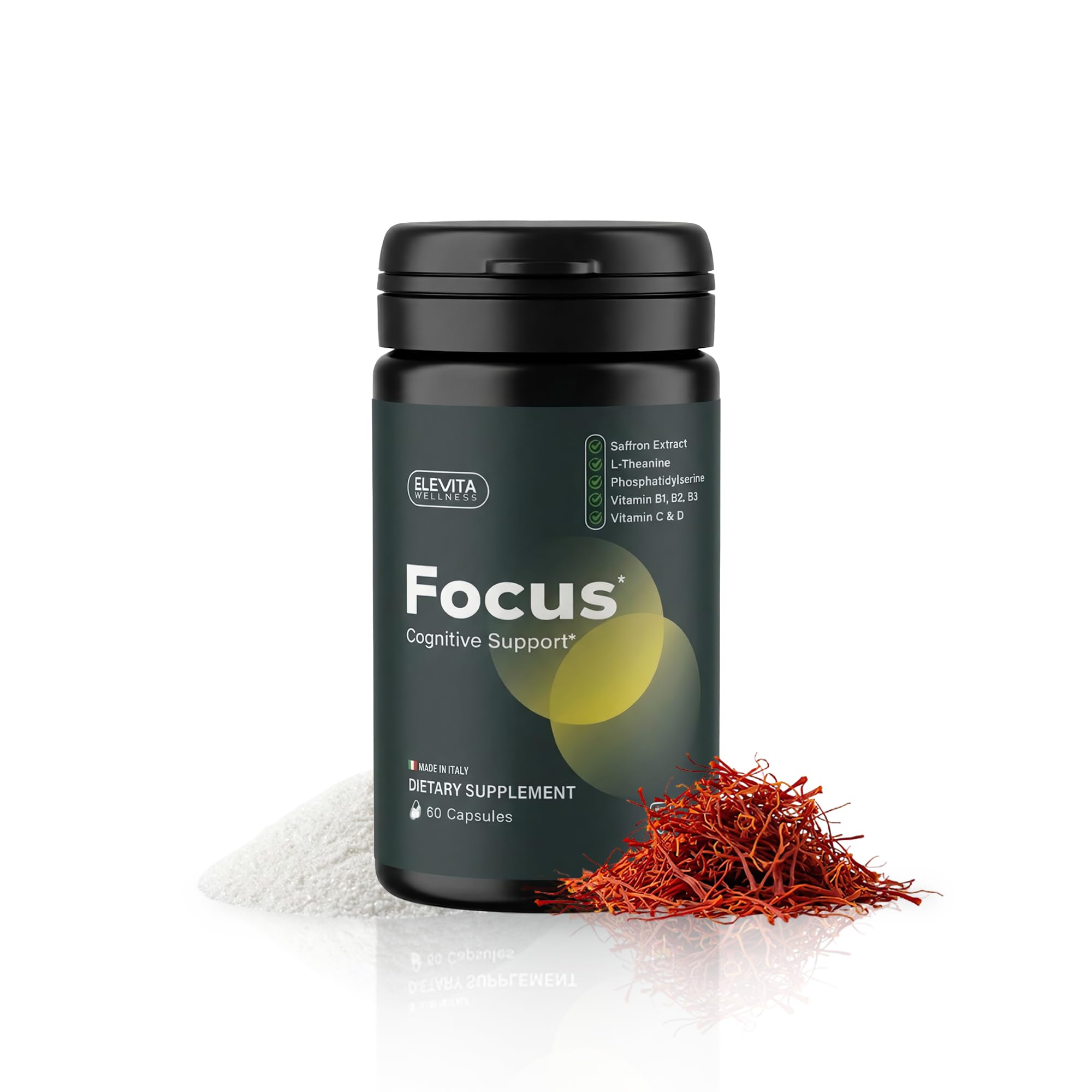 Focus Supplement (Made in Italy) | Premium Blend with L-Theanine, Lion's Mane &amp; B Vitamins, Saffron and Vitamin D | Focus &amp; Cognitive Support for Men &amp; Women