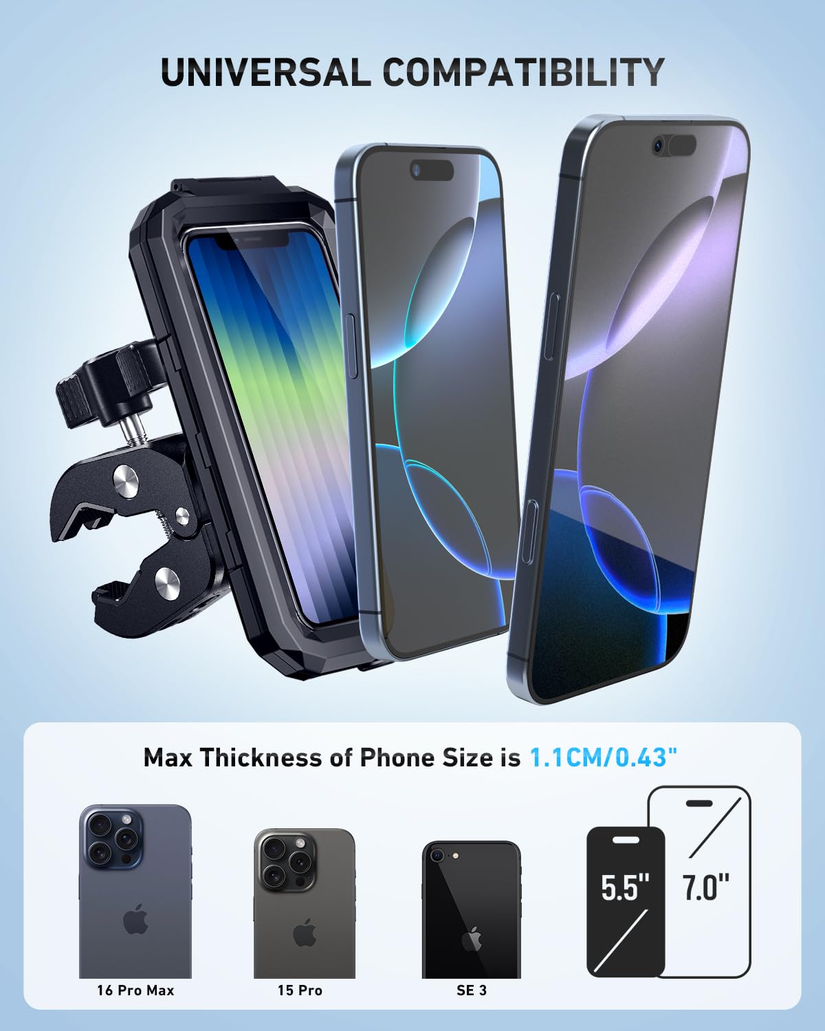 LUROON Porta Cellulare Moto, Universale Porta Cellulare da Bicicletta Impermeabile con Rotazione a 360°, Portatelefono Moto Manubrio Toccare ID Viso ID Compatibile con Smartphone da 5,5 "a 7,0"