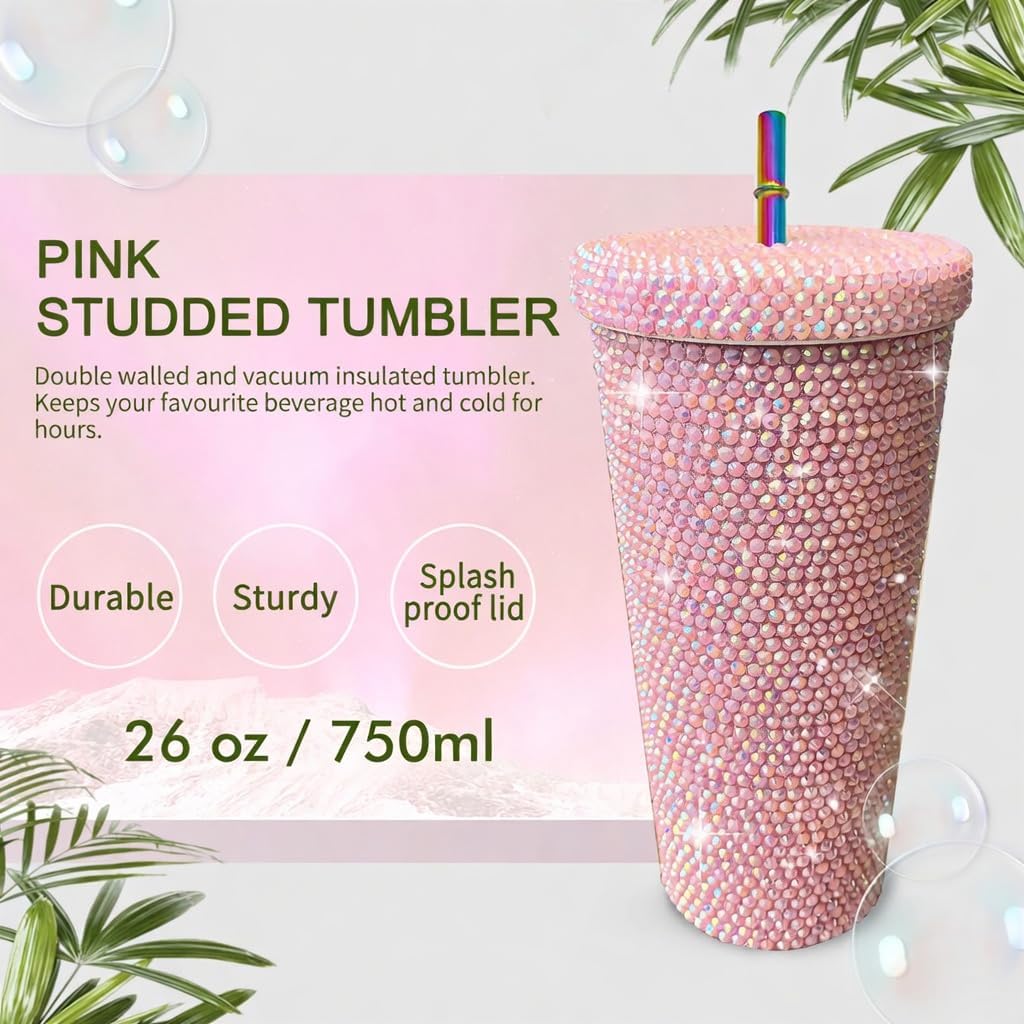 26oz Bling Rhinestone Studded Tumbler with Lid and Straws, Bling Cups Stainless Steel Water Bottle Diamond Glitter Tumbler for Women - Birthday Gifts for Women, Mom,Get Well Soon Gifts (Pink)