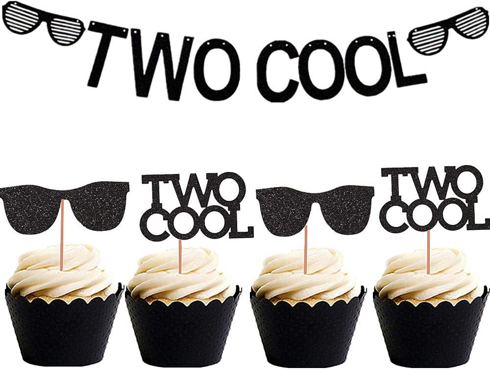 LaVentySet of 25 Two Cool Banner Black Glittery Two Cool Cupcake Topper Sungl Party Supplies Decoration