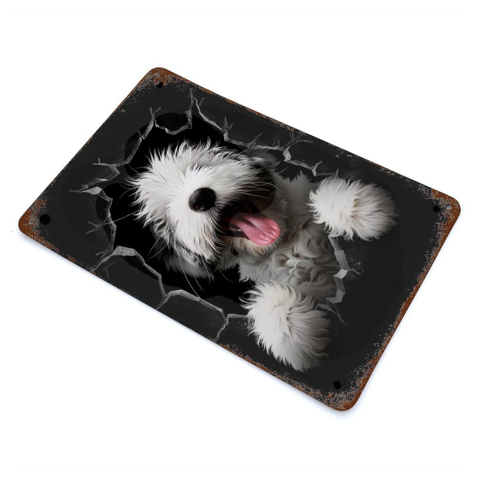 Vintage Rust Metal Sign with Old English Sheepdog Dog Design 11.8"x7.9", for Patio, Garden Room And Bar Decor, Old School Wall Decor
