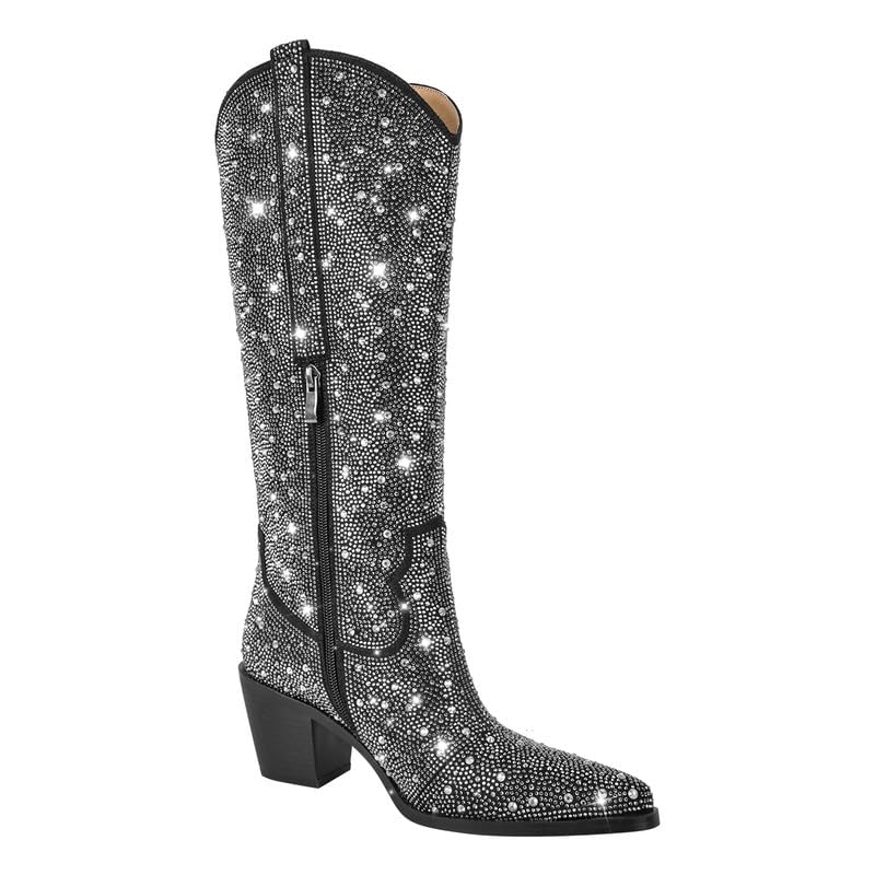 sexytag Rhinestone Boots for Women Knee High Chunky Low Heel Mid-calf Boots Pointed Toe Pull-On Ankle Booties4