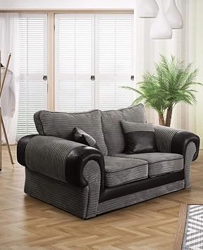 Grey Fabric & Black Faux Leather 3+2 Corner Armchair Seater Sofa Set | Modern High Back Cushioned Sofas | Deep Seat Comfort Living Room Suite | UK Home 2 Seater