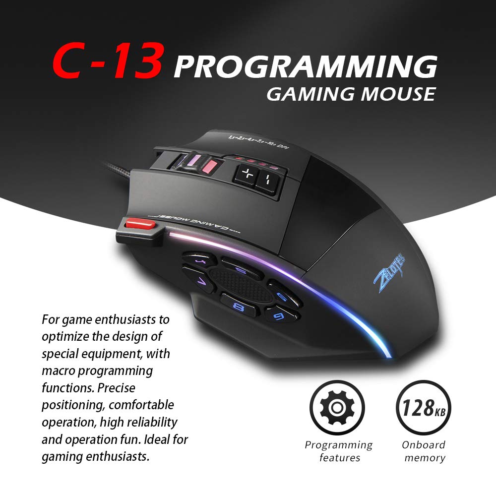 Zelotes C-13 mysz gamingowa Wired 10000DPI, RGB, z 13 przyciskami programowania, 128 KB, wbudowana pamięć