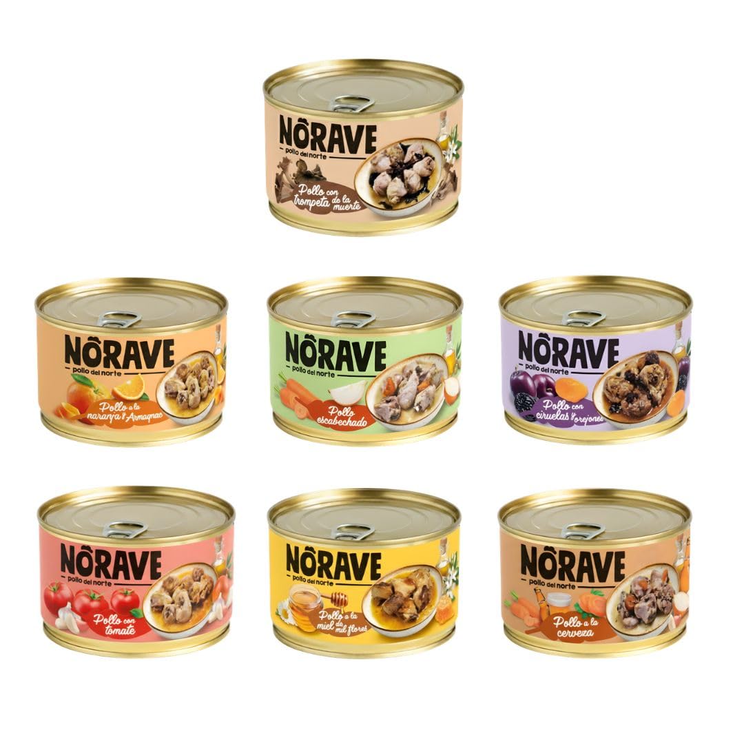 Norave Mix Recetas Latas de Pollo - Pack 7 x 400gr | Plato Preparado Pollo | En Conserva | Comida Lista para Servir | Recetra Tradicional Española | Sabores Variados