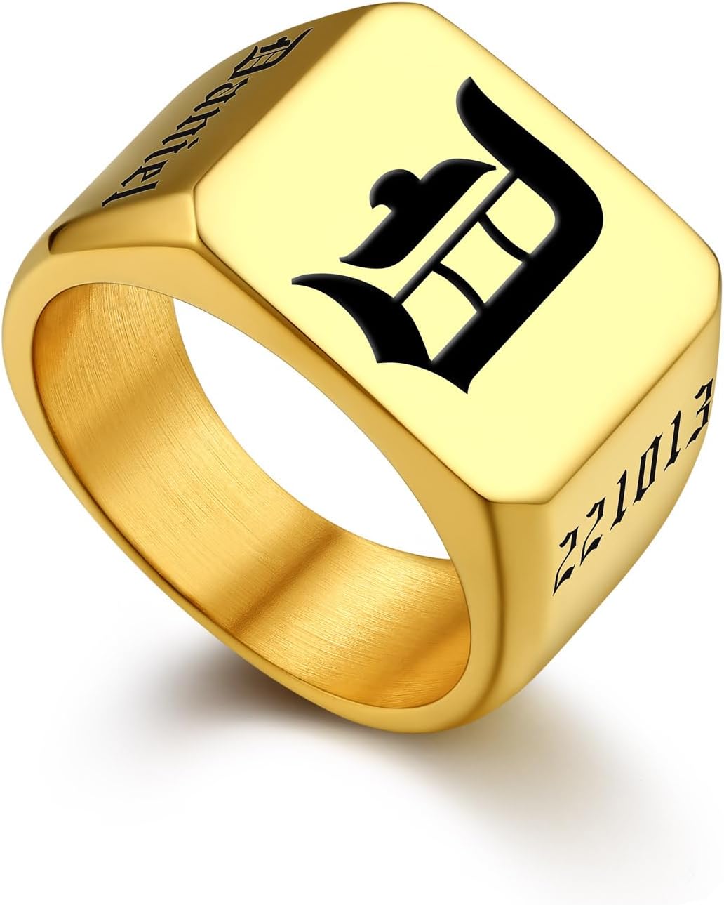 Bandmax Custom Signet Letter Stainless Steel/14K Gold Plated Black Initial Ring for Men Personalized Engraved Name Ring Gift for Father Husband Son Friend