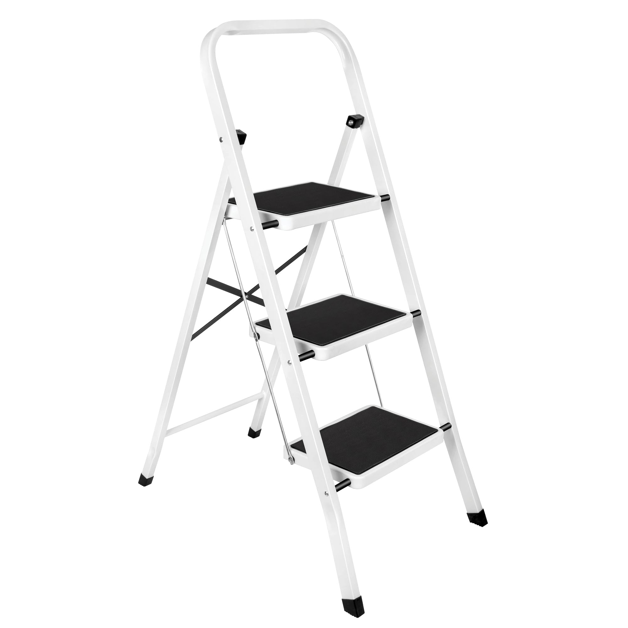 Futura 3 Step Ladder White, Heavy-Duty Steel Folding Ladder & Folding Step Stool with Wide Non-Slip Steps, Anti Slip Feet, 150kg Load Capacity, Ideal for Home/Kitchen/Garden or DIY Step Stool