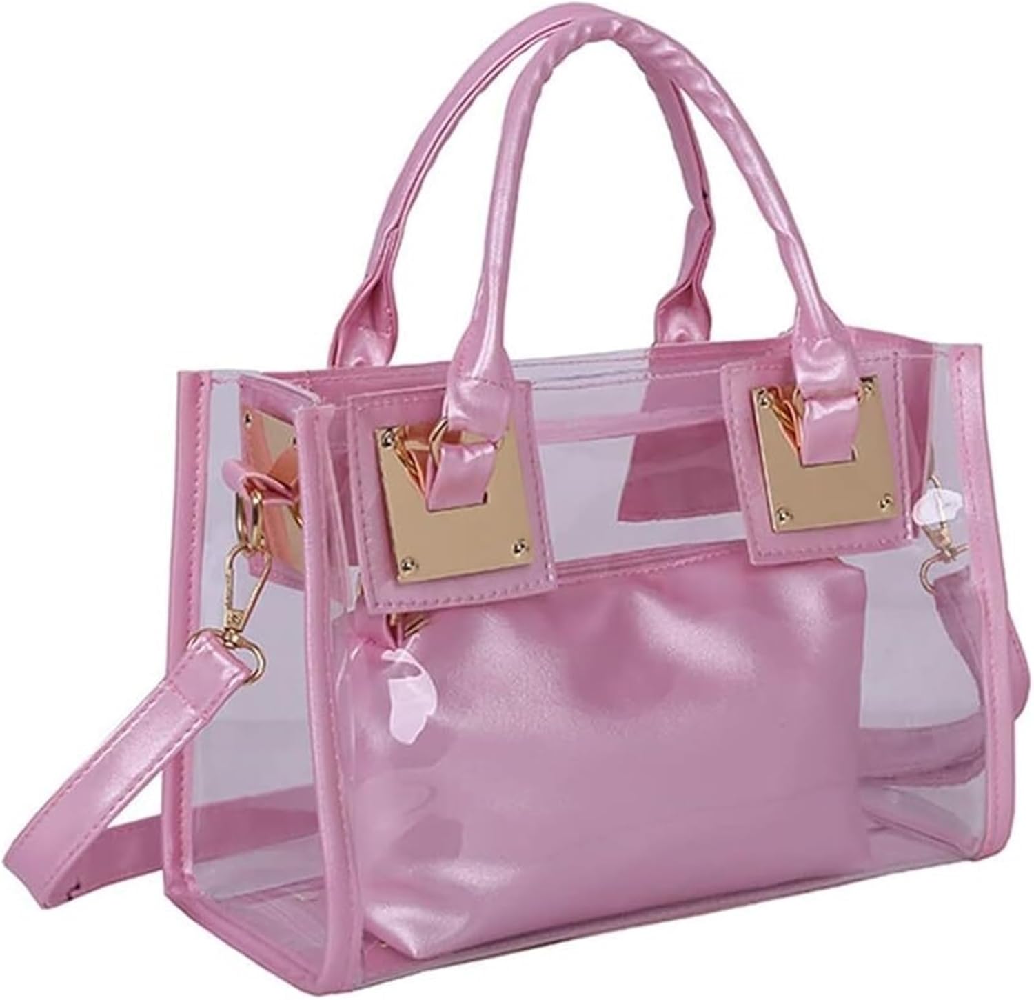 Women Fashion 2Pcs Clear Tote Handbag Transparent PVC Summer Jelly Bag Cute Shoulder Crossbody Bag(Pink)