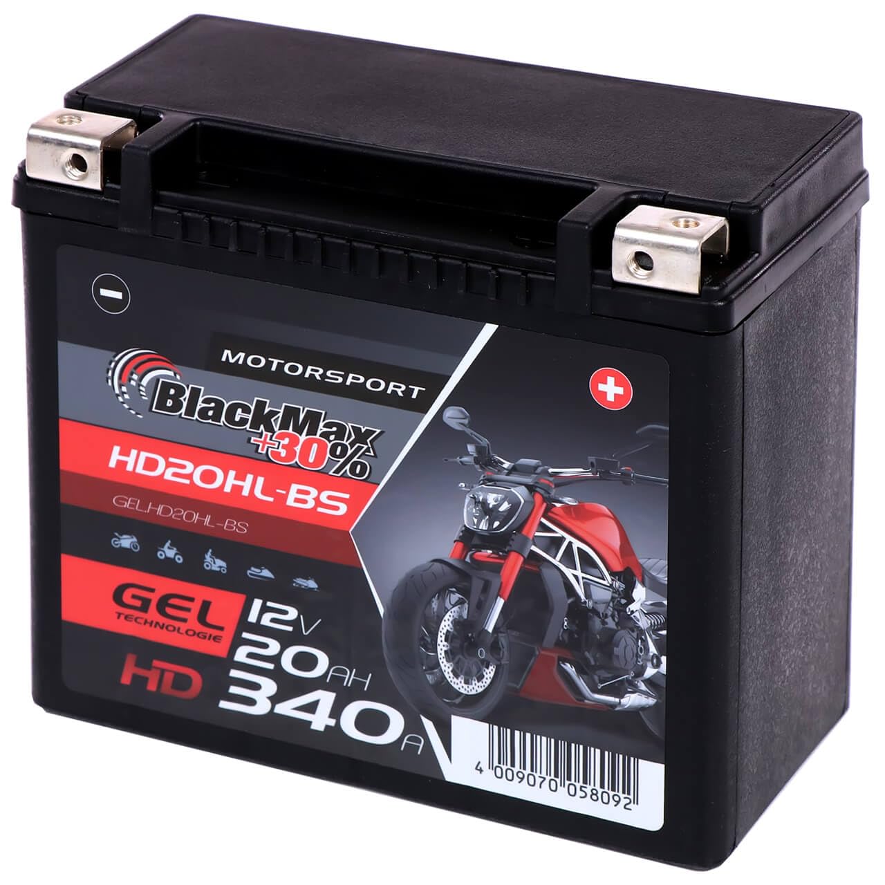BlackMax Motorsport HD GEL Motorradbatterie YTX20HL-BS 12V 20Ah 340A | Starterbatterie extrem rüttelfest für schwere Cruiser & Tourer - Wartungsfrei, geladen & auslaufsicher