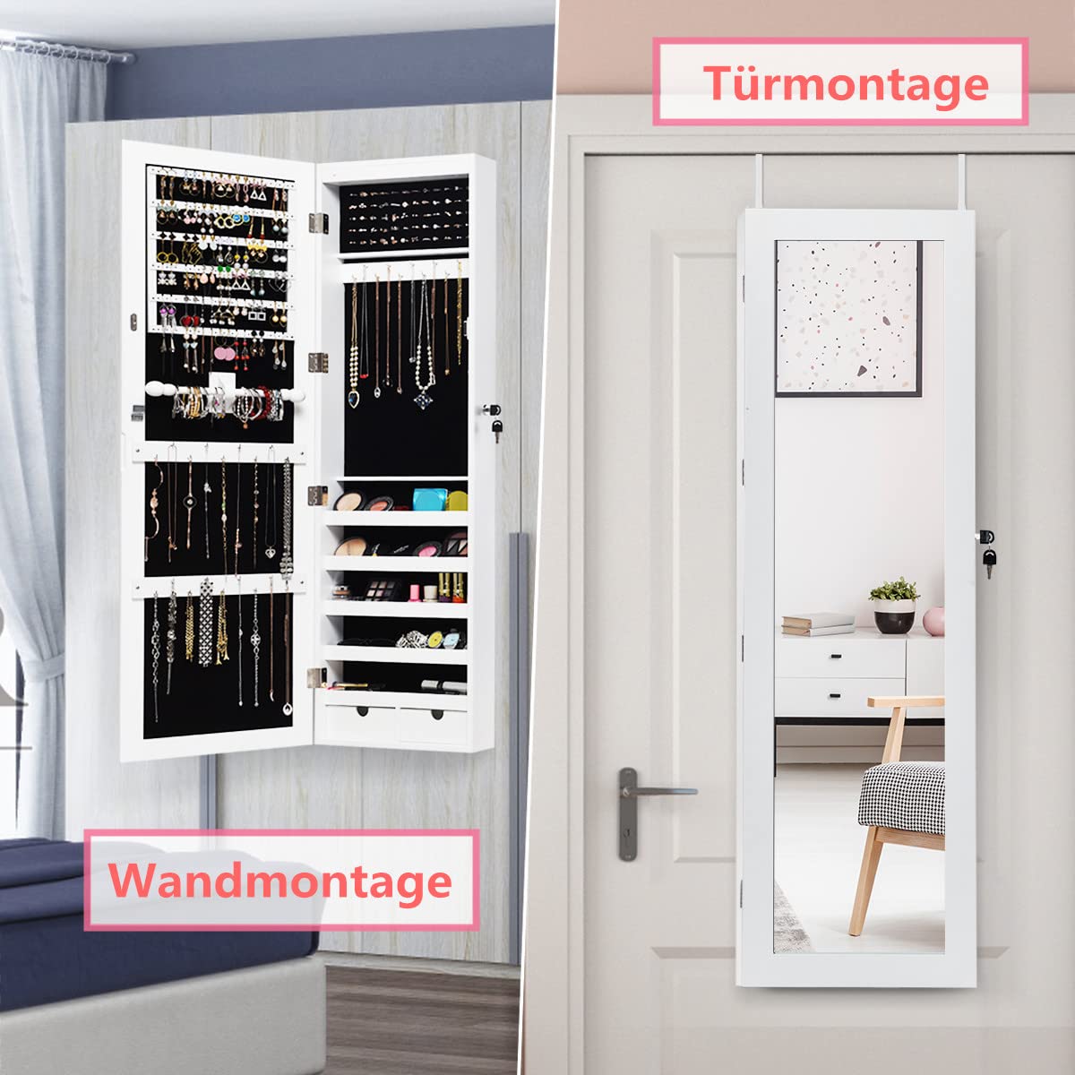 RELAX4LIFE Schmuckschrank mit 15 LED Leuchten & Spiegel, Hängeschrank im Landhausstil, Spiegelschrank mit 2 Schubladen & 2 Schlüsseln, Tür- & Wandmontage, für Ohrringe & Ketten & Ringe, Weiß, Holz