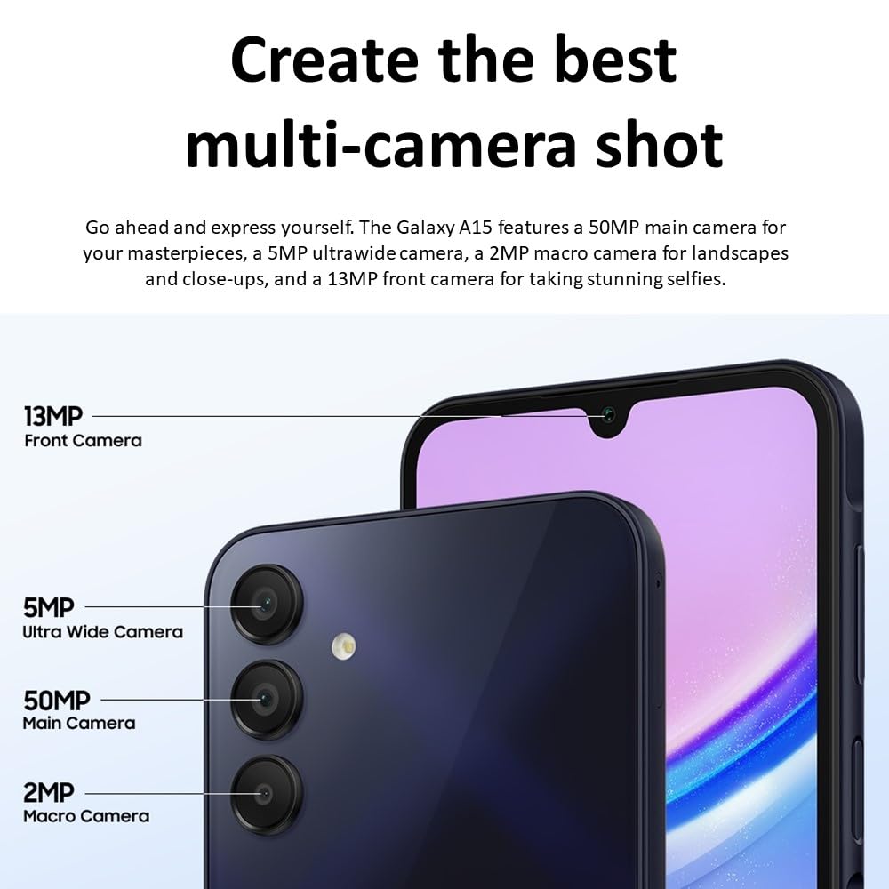 Samsung Galaxy A15 (SM-155M/DSN), 128GB 6GB RAM, Dual SIM, Factory Unlocked GSM, International Version (Ring Grip Case Bundle) (Blue Black)