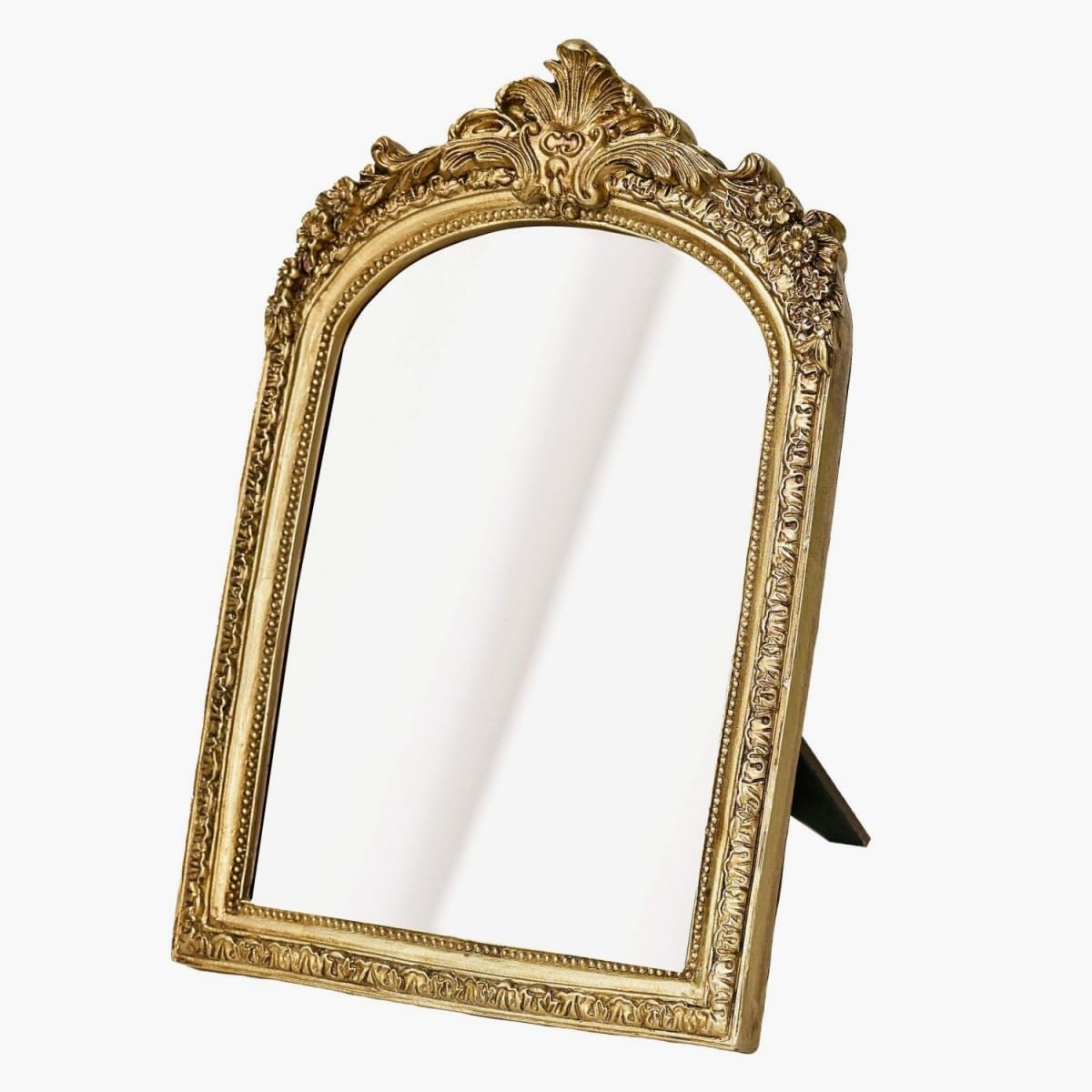 HSDDHOME Golden Vintage Table Makeup Mirror Small Antique Decorative Wall Mirror, Resin Carved Arch Table Mirror with Stand for Living Room, Bedroom Dresser,