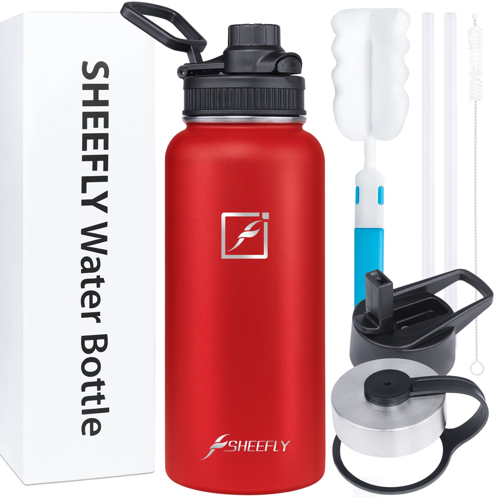 SHEEFLY Insulated Water Bottles with Straw-1 Litre Water Bottle Metal Water Bottles,BPA Free Leakproof Stainless Steel Water Bottles-Gym Running Sports Water Bottle for Kids Girls Boys Adults