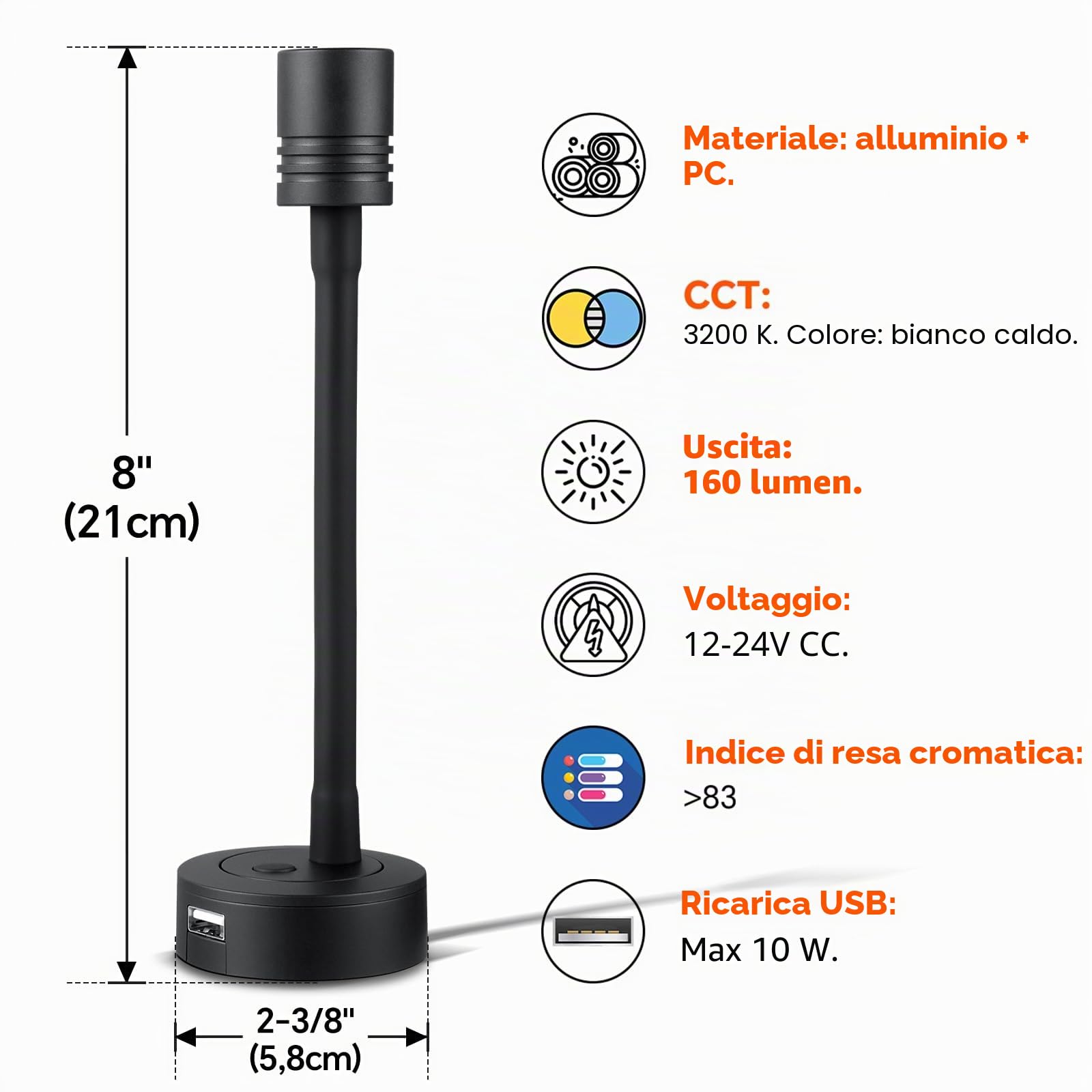 2 x Lampade da Lettura LED 12V Camper Dimmerabile Luce da Comodino Nero 3200K DC12V-24V per Barca Furgone Rimorchio Cabina, Flessibile Collo di Cigno con Caricatore USB & Interruttore Dimmer