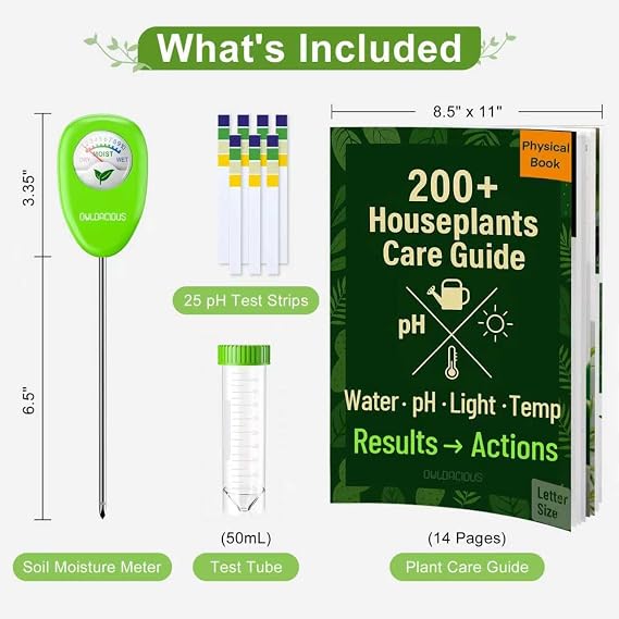 Soil Moisture Meter for Plants – Includes 200+ Houseplants Guide (Letter Size), 25 pH Test Strips & Sample Tube. Water Gauge for Indoor & Outdoor Plants.
