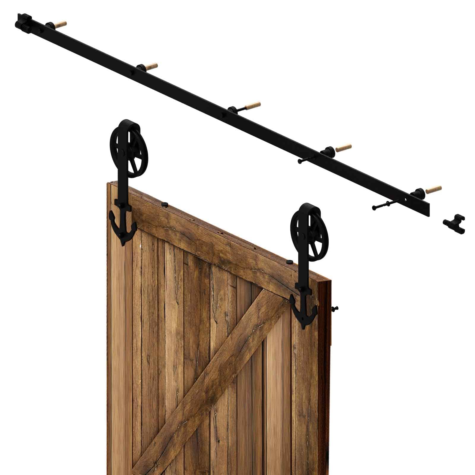 6FT/182cm Acciaio Binario Rulli per Porta Scorrevole Ruota grande raggio Kit Accessori per Una Porta Scorrevoli di Legno, Nero