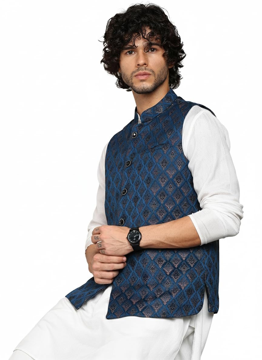 Mens Diamond Motif Pattern Nehru Jacket | Traditional | Festive & Ethnic Wear | Modi Waist Coat | Regular Fit