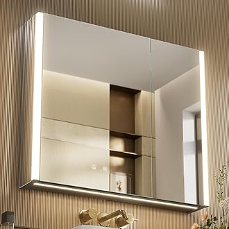 KWW LED Lighted Bathroom Medicine Cabinet with Mirror, Defogger, Dimmer, 3 Color Light Makeup Mirror, Easy to Install, Wall Mounted Cabinet without Socket & USBs (80 x 70 cm)
