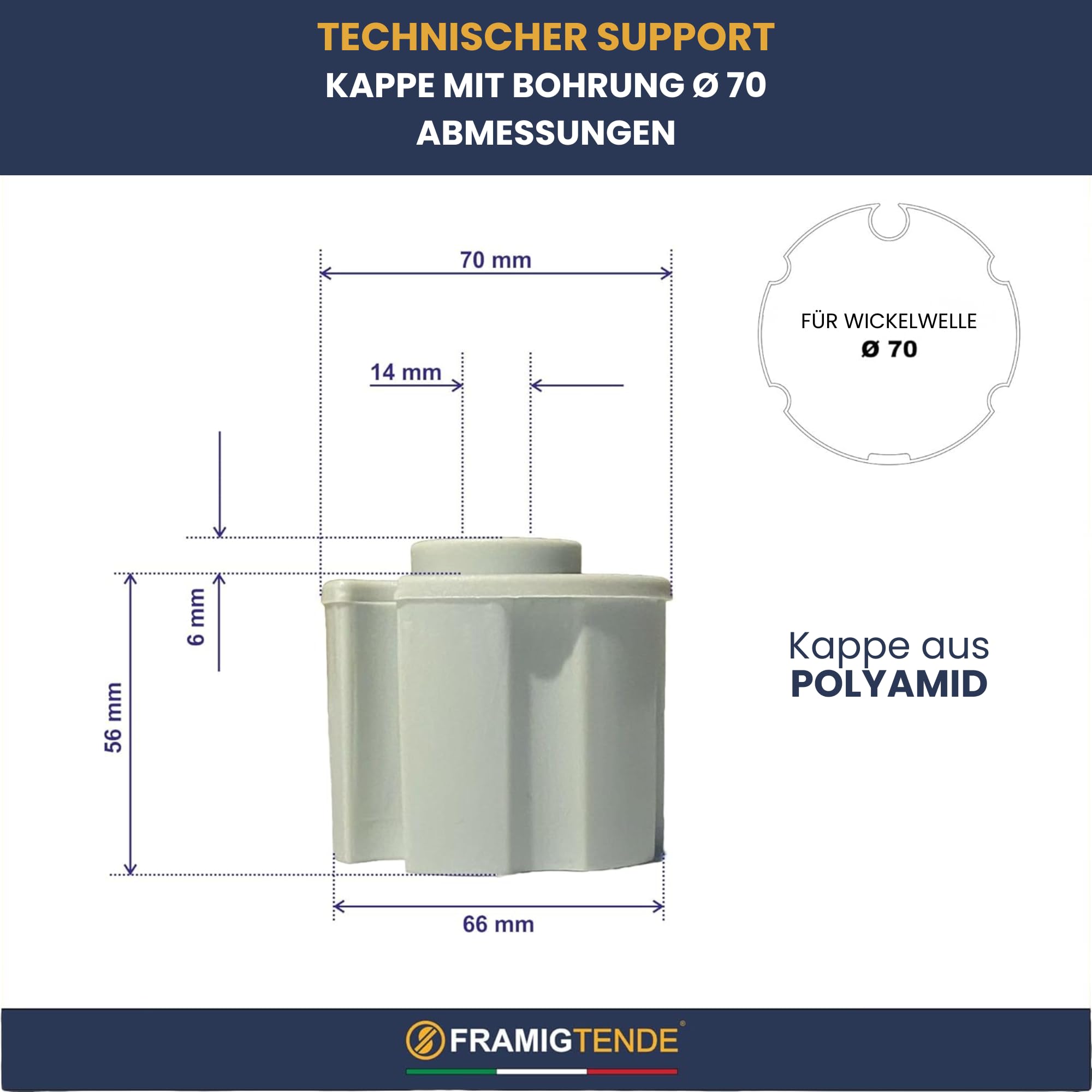 FRAMIG® Ersatzkappe für Markise | Markisen-Rollenhalter | Kappe mit Loch für Markisenrolle | Ersatzteile und Zubehör für Markisen aus Polyamid mit Stahleinsatz